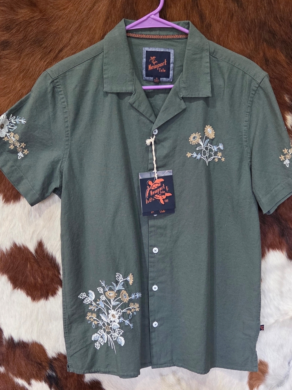 Newport Men's Olive Green Embroidered Short-Sleeve Shirt